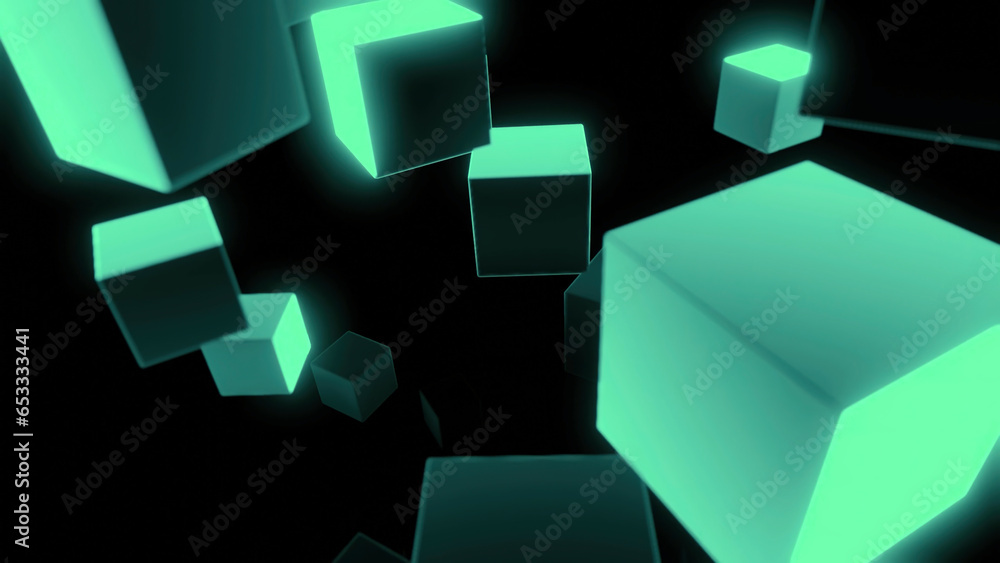 Poster 3d cubes rotate in air. design. glowing 3d cubes move in space on black background. cubes rotate in 