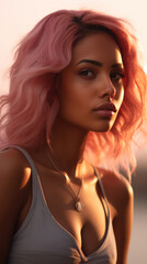 Portrait of Stunning Young Latino Woman with Pink Hair Captured in Golden Hour and Natural Light, High-Quality Beauty Photography