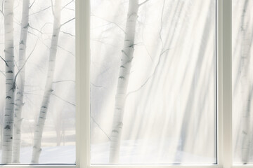 雪の日に大きな窓から見た白樺の森