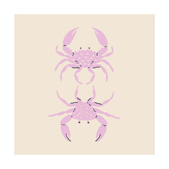 Poster with sea crabs in trendy flat style. Oceanic fauna. Vector illustration.
