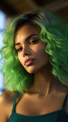 Fototapeta premium Portrait of Stunning Young Latino Woman with Green Hair Captured in Golden Hour and Natural Light, High-Quality Beauty Photography