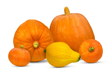 Several fresh pumpkins of different sizes lie together, isolated on a transparent background.