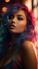 Fototapeta premium Portrait of Stunning Young Latino Woman with Colorfull Hair Captured in Golden Hour and Natural Light, High-Quality Beauty Photography