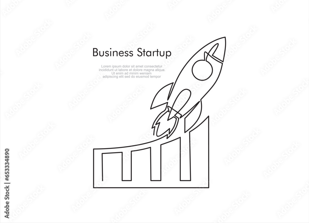Poster continuous line drawing of rocket launch, ship and increasing up arrows bar graph.continuous line dr