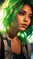 Portrait of Stunning Young Latino Woman with Green Hair Captured in Golden Hour and Natural Light, High-Quality Beauty Photography