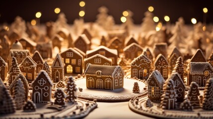 Cozy Christmas greeting card. Little tiny toy christmas gingerbread village landscape on white snow. Christmas night gingerbread houses on snowy winter light background