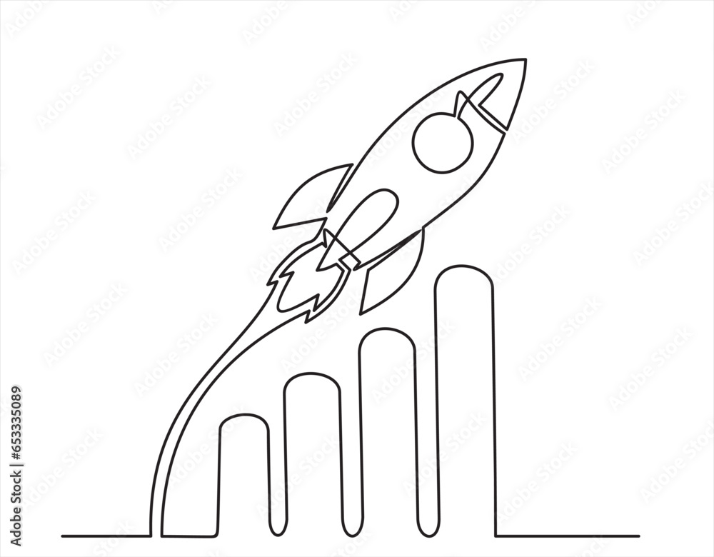 Poster continuous line drawing of rocket launch, ship and increasing up arrows bar graph.continuous line dr