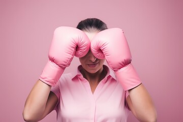 Beautiful woman with pink ribbon and boxing gloves - obrazy, fototapety, plakaty