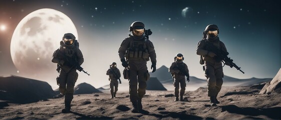 Soldiers dressed as astronauts walking on an unknown planet.