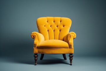 A bright yellow armchair is situated in a blue room