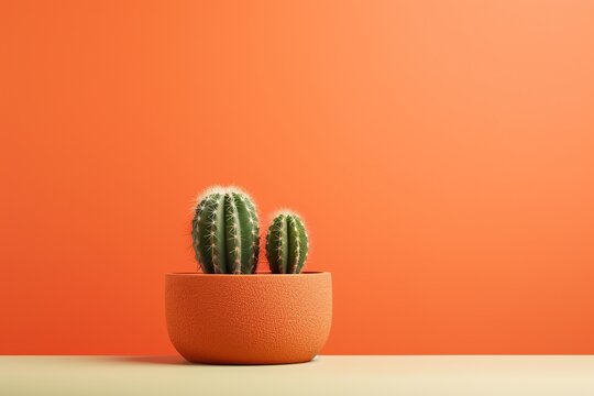 Green cactus closeup over bright orange pastel background