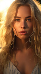 Naklejka premium Portrait of Stunning Young Woman with Blond Hair Captured in Golden Hour and Natural Light, High-Quality Beauty Photography