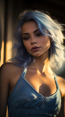 Fototapeta premium Portrait of Stunning Young Woman with Blue Hair Captured in Golden Hour and Natural Light, High-Quality Beauty Photography