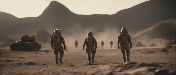 Soldiers dressed as astronauts walking on an unknown planet.