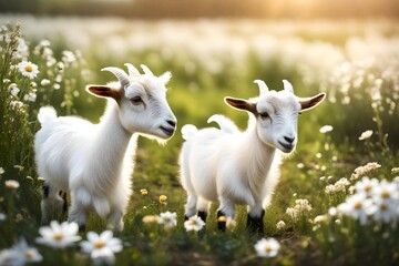 Two little funny baby goats playing in the field with flowers. Farm animals - obrazy, fototapety, plakaty