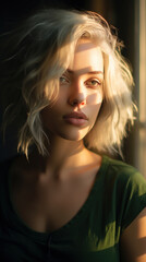 Portrait of Stunning Young Woman with Green Hair Captured in Golden Hour and Natural Light, High-Quality Beauty Photography