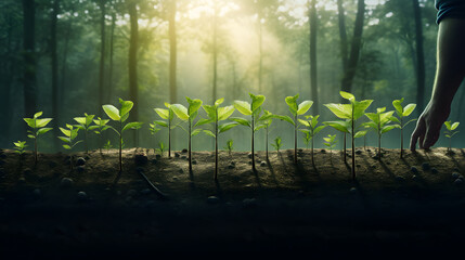 Promote the importance of environmental conservation with an image of a person planting a straight row of saplings in a lush forest. The straight rows symbolize the structured effort to restore. - obrazy, fototapety, plakaty