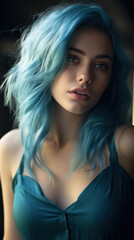 Fototapeta premium Portrait of Stunning Young Woman with Blue Hair Captured in Golden Hour and Natural Light, High-Quality Beauty Photography