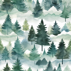 Pine trees and mountains repeat seamless pattern background in watercolor and acrylic style