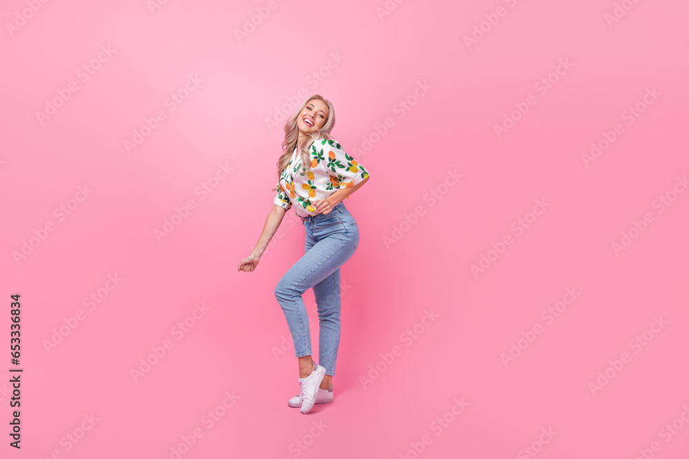 Poster Full body length illustration perfect fit model girlfriend young age dancing careless rhythm summer vibe isolated on pink color background