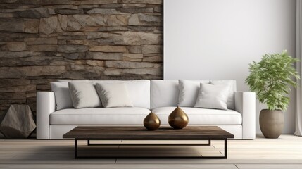 Interior, coffee table and sofa against white wall