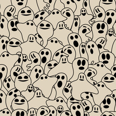 Halloween Seamless Pattern with Ghosts in Linear Style. Background for Halloween Design. Vector Black and White Ghost Repeat Texture. Cute Minimal Holiday Print for Home Decor, Fabric, Wrapping.