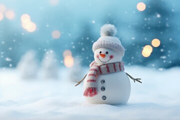 Christmas winter background with snowman and blurred bokeh. Merry christmas and happy new year greeting card with copy space.
