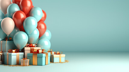 Fototapeta na wymiar Balloon and giftbox on pastel background with copyspace for your design. Happy Birthday concept. Generative AI