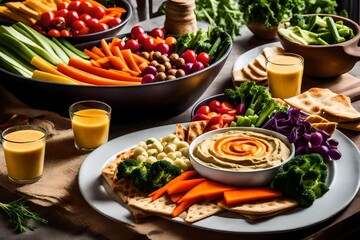 breakfast  with fresh vegetables, A breakfast tableau that exudes health and vitality, featuring a generous serving of hummus accompanied by a rainbow of freshly sliced vegetables and warm, toasted pi
