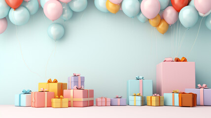 Balloon and giftbox on pastel background with copyspace for your design. Happy Birthday concept. Generative AI