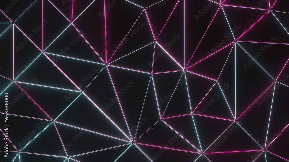 Poster background with shimmering triangular grid. design. triangular grid with neon light. triangular 3d g