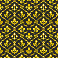 Vector Fleur de Lis Seamless Pattern, square repeat background with illustrations of lattice pattern and yellow french fleur de lis in rhombus cells on dark background for wrapping paper or bed linen - obrazy, fototapety, plakaty