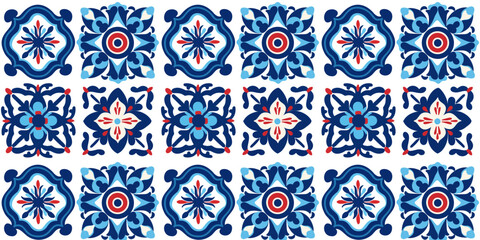 Portuguese tile pattern vector seamless with mosaic arabesque ornaments. Moroccan ceramic, lisbon azulejo, mexican talavera, italian sicily, spanish majolica, turkish, mediterranean texture design