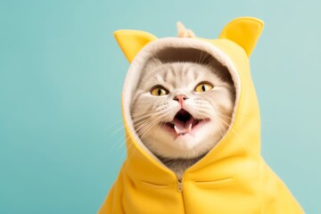 Medium shot portrait photography of a smiling serengeti cat wearing a shark fin costume against a pastel yellow background. With generative AI technology - obrazy, fototapety, plakaty