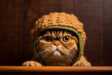 Medium shot portrait photography of a funny persian cat wearing a dinosaur hat against a rustic...