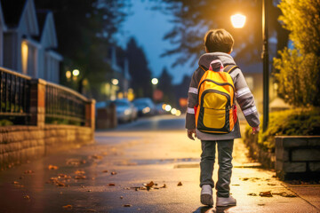 Streetwise Kids: Children wearing reflective clothes exercise caution on the street during twilight, acknowledging the risks and following safety rules. - obrazy, fototapety, plakaty