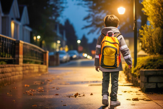 Streetwise Kids: Children wearing reflective clothes exercise caution on the street during twilight, acknowledging the risks and following safety rules.