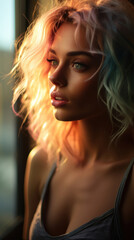 Portrait of Stunning Young Woman with Pink Hair Captured in Golden Hour and Natural Light, High-Quality Beauty Photography