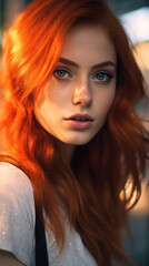 Portrait of Stunning Young Woman with Red Hair Captured in Golden Hour and Natural Light, High-Quality Beauty Photography