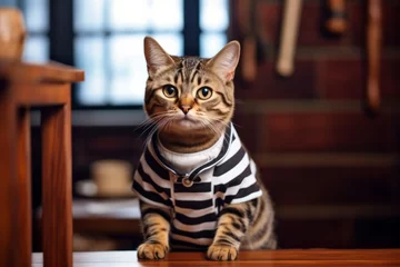 Fotobehang Medium shot portrait photography of a tired havana brown cat wearing a striped sailor dress against a rustic brown background. With generative AI technology © Markus Schröder