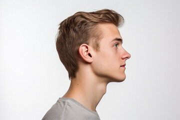 Profile side generative AI photo of a handsome male model demonstrating haircut isolated on white background - obrazy, fototapety, plakaty