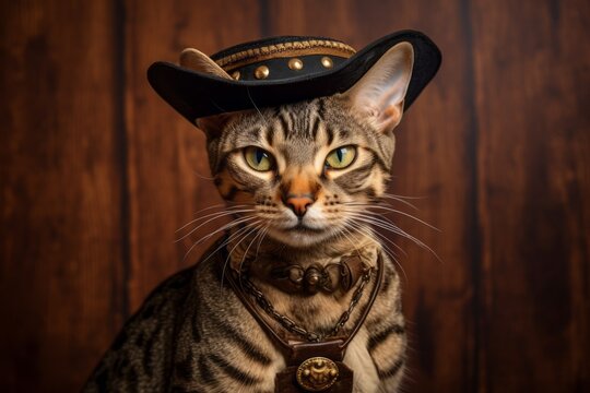 Medium shot portrait photography of a funny ocicat cat wearing a pirate hat against a rustic brown background. With generative AI technology