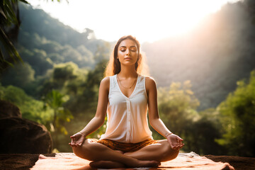 Young woman doing yoga outdoor. Background of beautiful mountains - obrazy, fototapety, plakaty