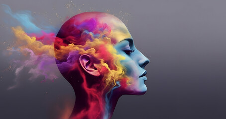 Human head ornate with colourful paint splashes. AI, thought, mind, knowledge, brain power concept. - obrazy, fototapety, plakaty