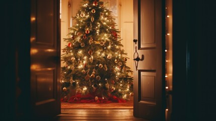 Christmas Miracle atmosphere in night Living room with decorated Christmas tree, view from open doors. Cozy christmas atmosphere at home. Believe in miracle