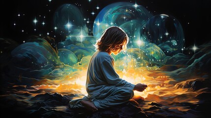 The Christ Child looks down from heaven to earth. Angels sitting on the clouds