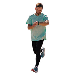 Uses fitness watches, an active lifestyle. Athletic strong man jumps, motivation and health. Runner workout warm-up in sportswear. Interval training, jogging.