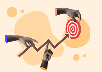 Art collage digital pop modern art. Hand holding target goal aim strategy success business competition achievement marketing.aim goal, increase motivation, a way to achieve a goal idea.marketing.
