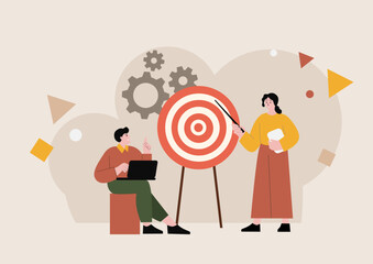 Teamwork concept with tiny people characters working together with target and tiny people characters.