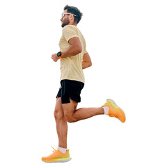 A full-length man Sports a strong man jumps, motivation and health. Runner workout warm-up in sportswear. Interval training, jogging.
